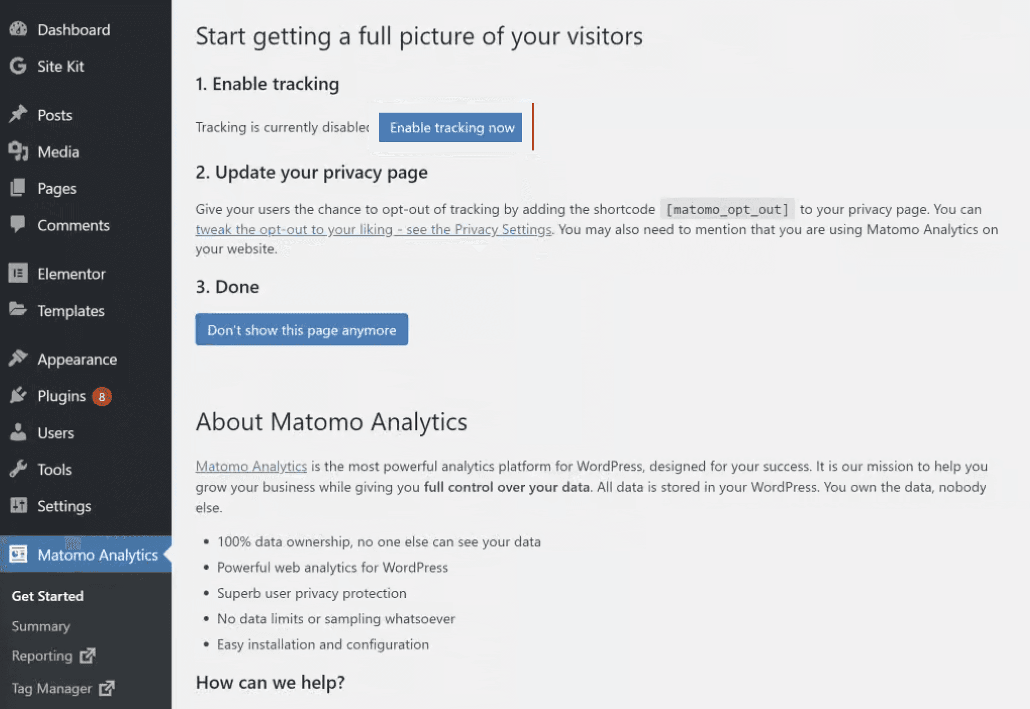 Example of Matomo Analytics settings